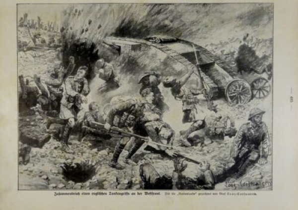 1917 - alter Druck - Zusammenbruch eines englischen Tankangriffs an der Westfront (Für die "Gartenlaube" gezeichnet von Graf Looz-Corfwarem)